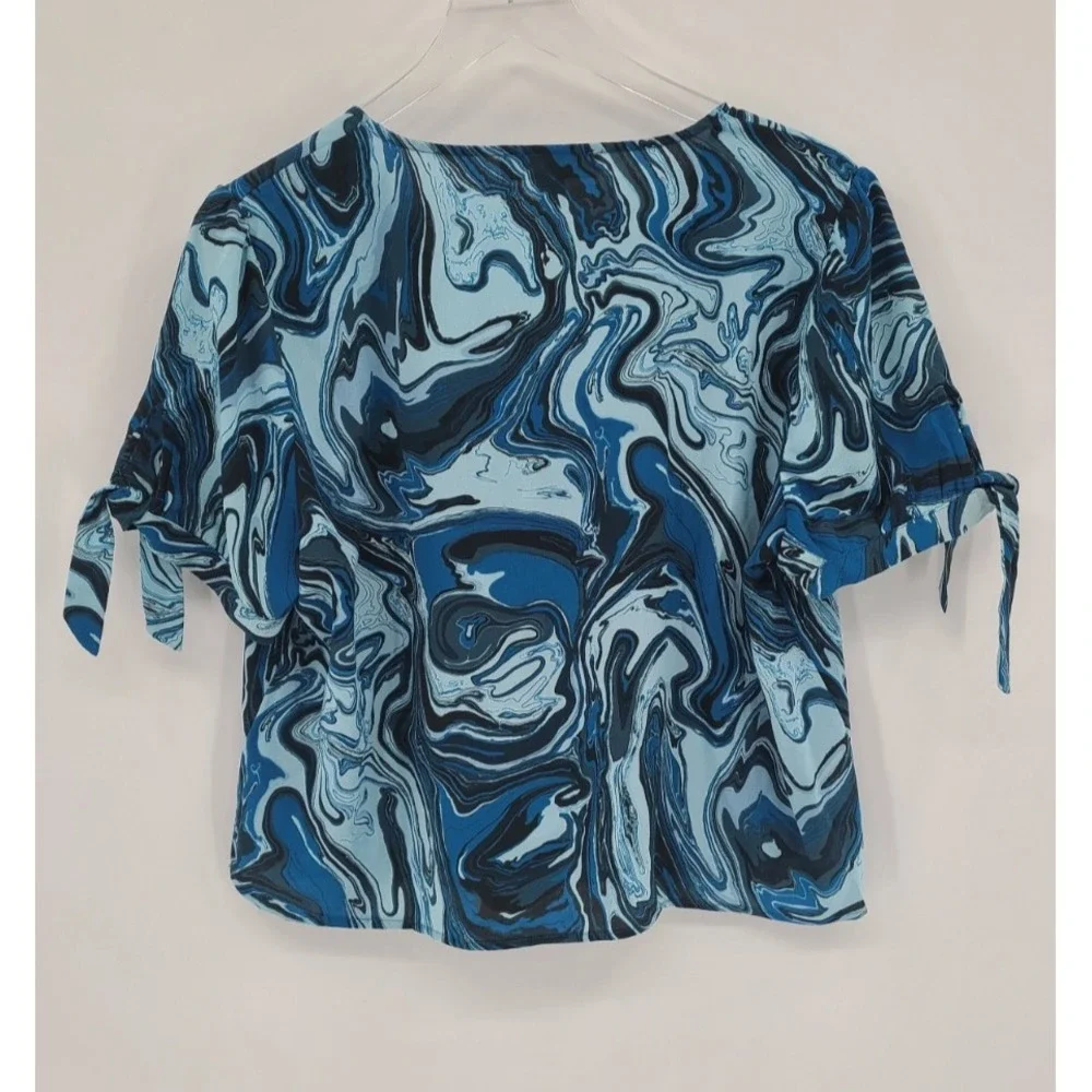Michael Kors Wrap Swirl Coastal Top Blouse XL Artsy Blue Resort Short‎ Sleeves